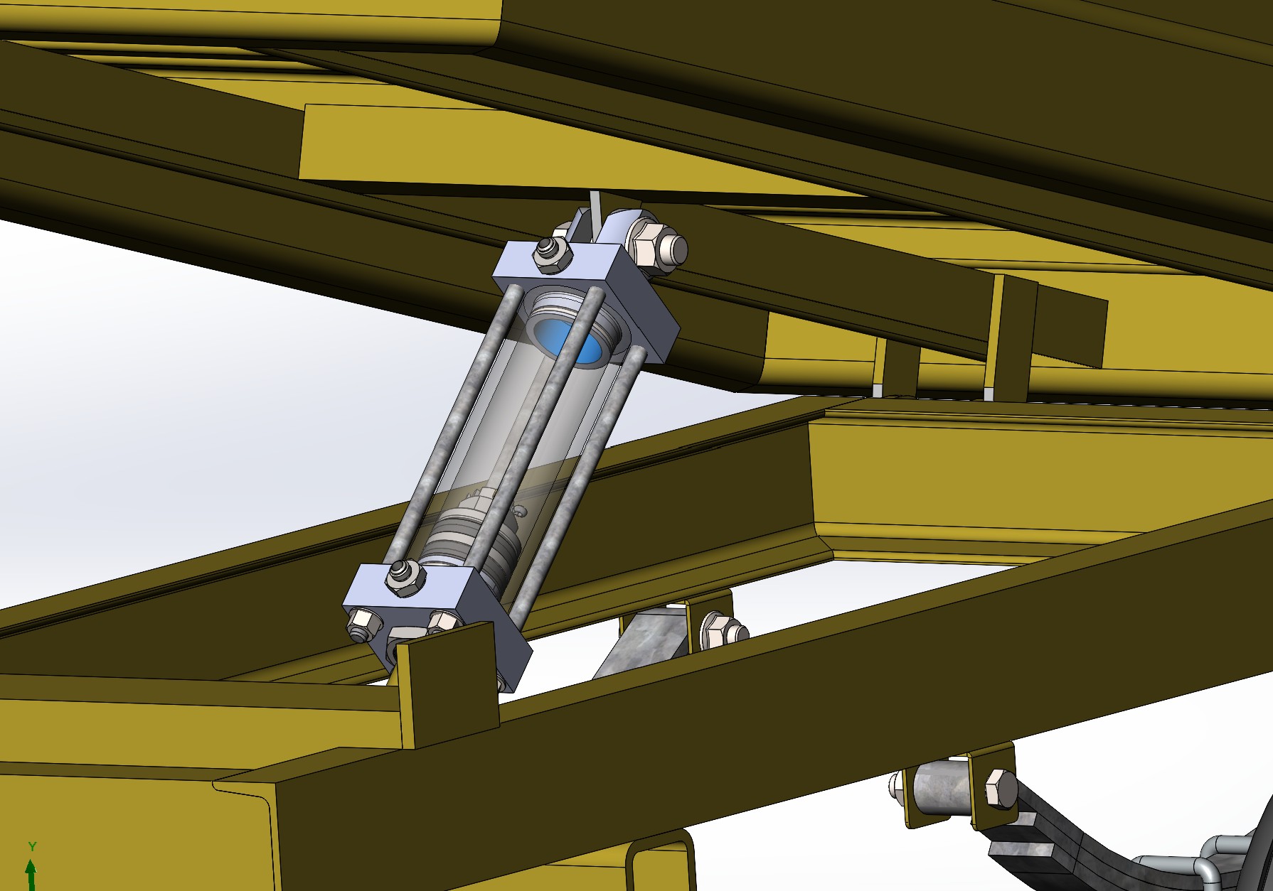 Close-up of the hydraulic cylinder and its mounting points